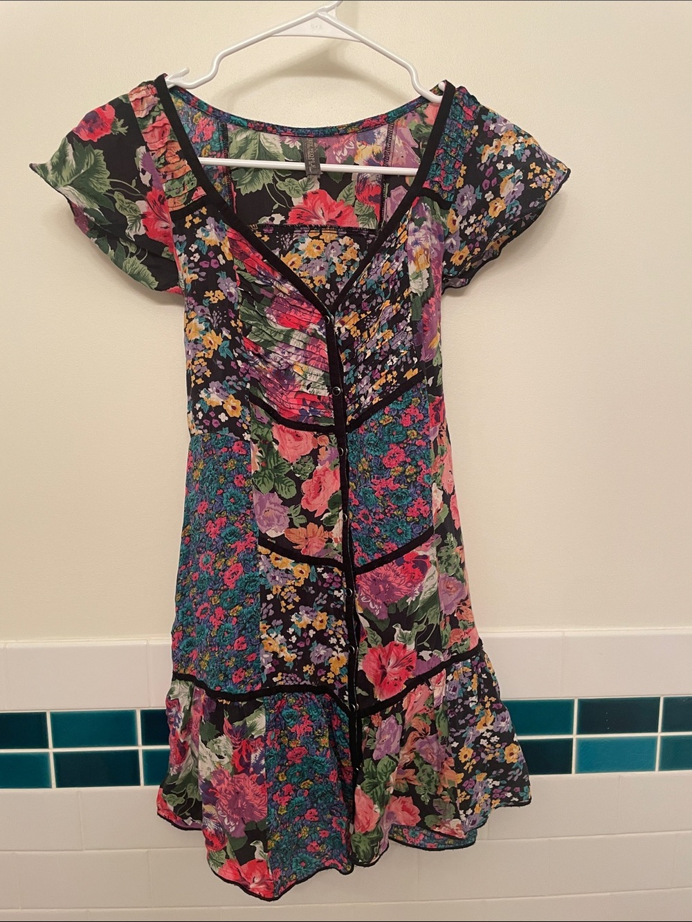 Free People Black Multi Floral Patchwork V-Neck Mini Dress